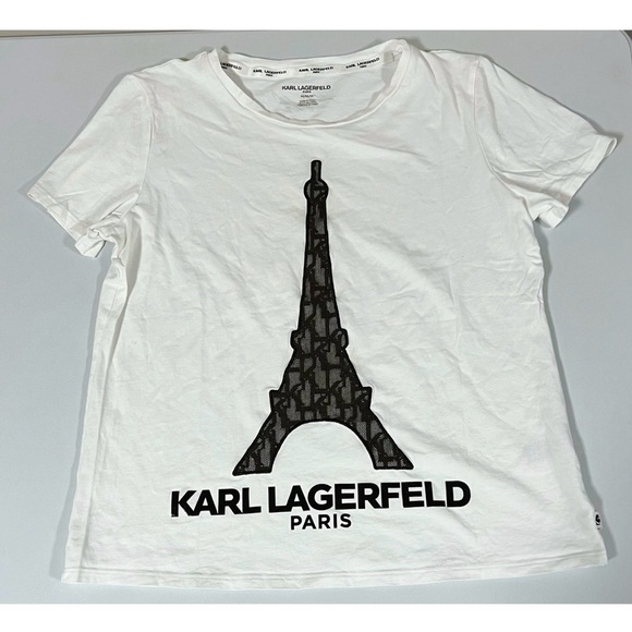 Karl Lagerfeld Tops - Karl Lagerfeld White Eiffel Tower, Paris Graphic Shirt Top Blouse Tee Size M 🖤✨